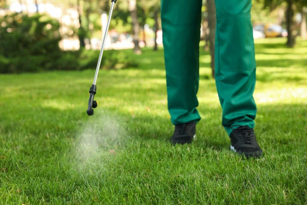 Prescott exterminator spraying lawn with environmentally friendly solution